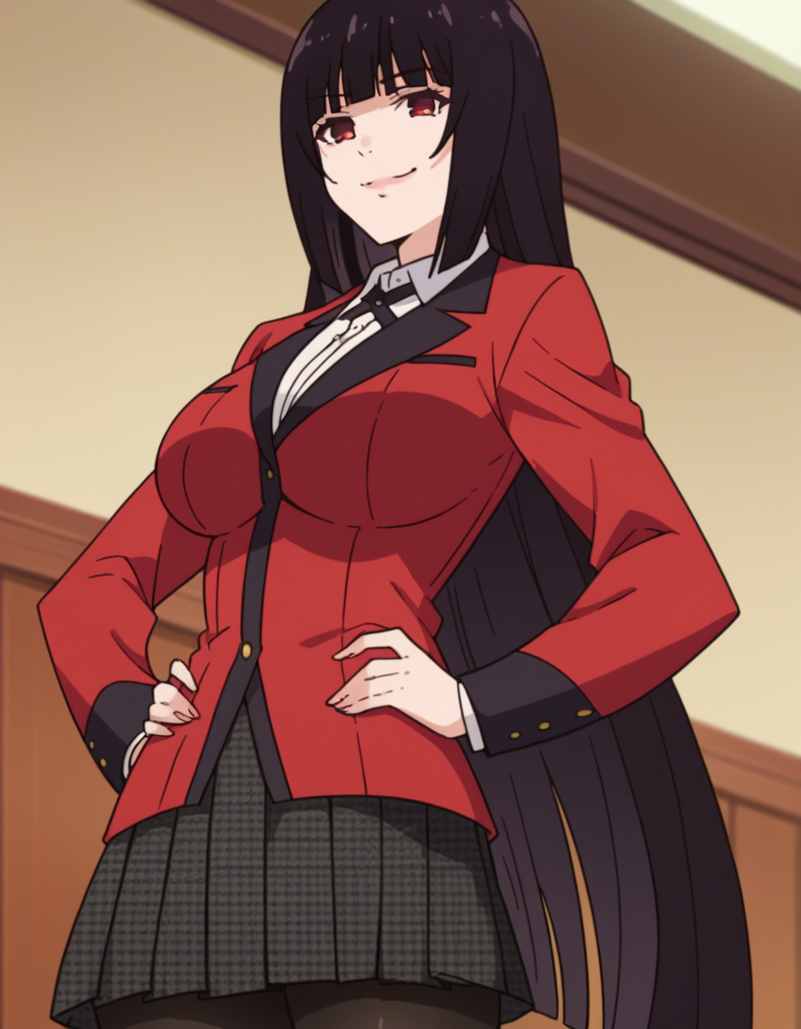 score_9, score_8_up, score_7_up, source_anime, <lora:yumeko-jabami-s2-ponyxl-lora-nochekaiser:1>, yumeko jabami, long hair, bangs, black hair, very long hair, blunt bangs, hime cut, red eyes, large breasts,, skirt, shirt, school uniform, jacket, white shirt, pantyhose, pleated skirt, collared shirt, black pantyhose, blazer, red jacket,, indoors, smug, smile, looking at viewer, solo, hands on hips,, cowboy shot, dutch angle