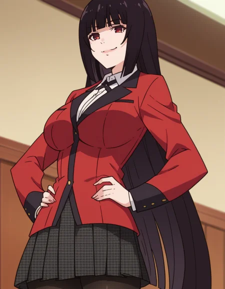 score_9, score_8_up, score_7_up, source_anime, <lora:yumeko-jabami-s2-ponyxl-lora-nochekaiser:1>, yumeko jabami, long hair, bangs, black hair, very long hair, blunt bangs, hime cut, red eyes, large breasts,, skirt, shirt, school uniform, jacket, white shirt, pantyhose, pleated skirt, collared shirt, black pantyhose, blazer, red jacket,, indoors, smug, smile, looking at viewer, solo, hands on hips,, cowboy shot, dutch angle