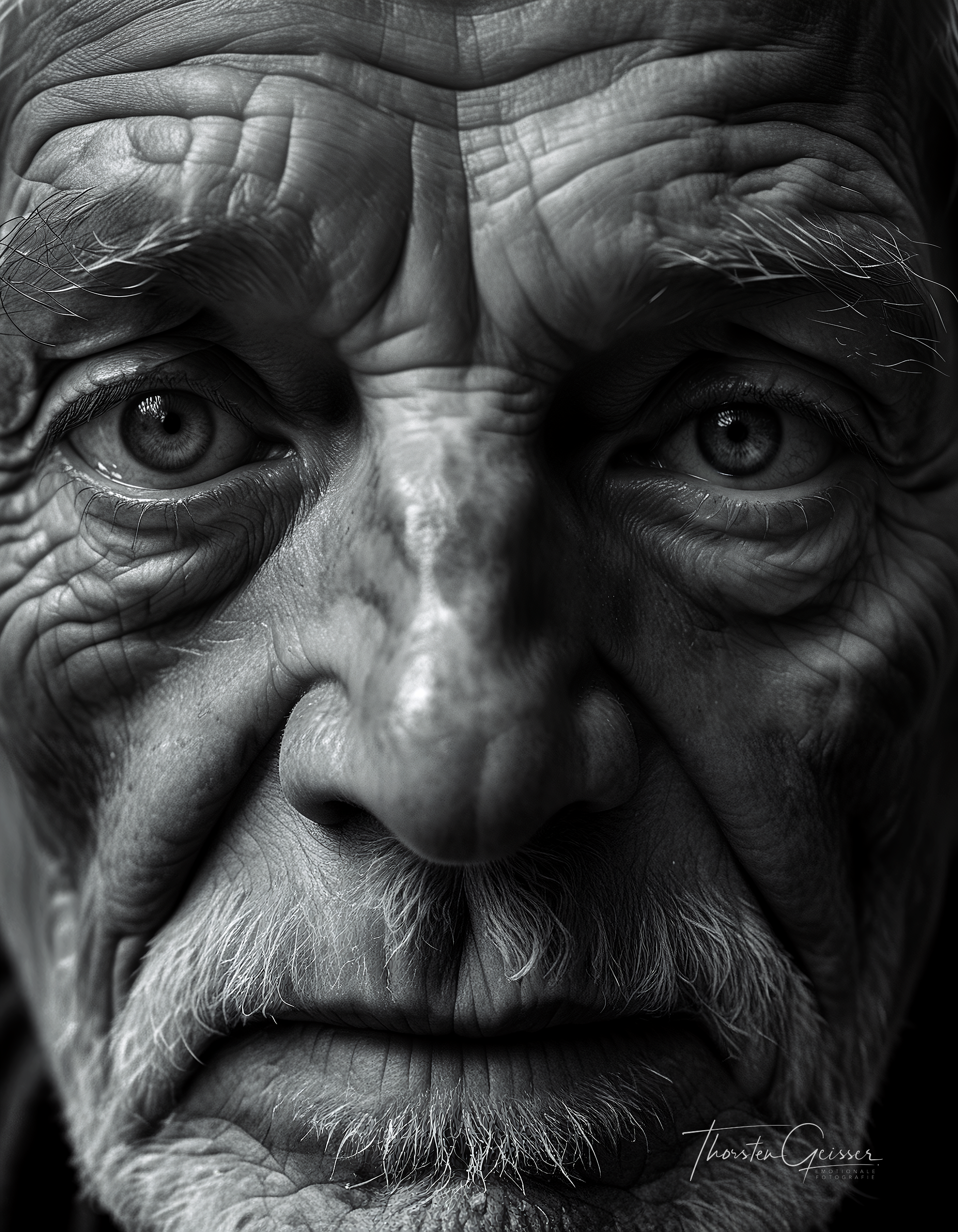 cinematic photo A high-resolution, black and white close-up portrait of an elderly man, his face etched with the wisdom and experiences of a lifetime. His skin is weathered and lined, a testament to the years he has lived and the stories he carries. His eyes, the focal point of the image, are bright and piercing, their irises filled with intricate details and subtle reflections of light. The depth and complexity of his gaze draw the viewer in, inviting them to contemplate the rich tapestry of his life. The background is a deep, velvety black, isolating the man's face and intensifying the emotional impact of his expression. The lighting is dramatic, highlighting the contours of his face and accentuating the wrinkles and creases that tell his story. The overall effect is one of profound depth and character, a portrait that captures the essence of a life well-lived in timeless black and white.     . 35mm photograph, film, bokeh, professional, 4k, highly detailed