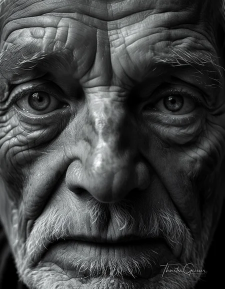 cinematic photo A high-resolution, black and white close-up portrait of an elderly man, his face etched with the wisdom and experiences of a lifetime. His skin is weathered and lined, a testament to the years he has lived and the stories he carries. His eyes, the focal point of the image, are bright and piercing, their irises filled with intricate details and subtle reflections of light. The depth and complexity of his gaze draw the viewer in, inviting them to contemplate the rich tapestry of his life. The background is a deep, velvety black, isolating the man's face and intensifying the emotional impact of his expression. The lighting is dramatic, highlighting the contours of his face and accentuating the wrinkles and creases that tell his story. The overall effect is one of profound depth and character, a portrait that captures the essence of a life well-lived in timeless black and white.     . 35mm photograph, film, bokeh, professional, 4k, highly detailed