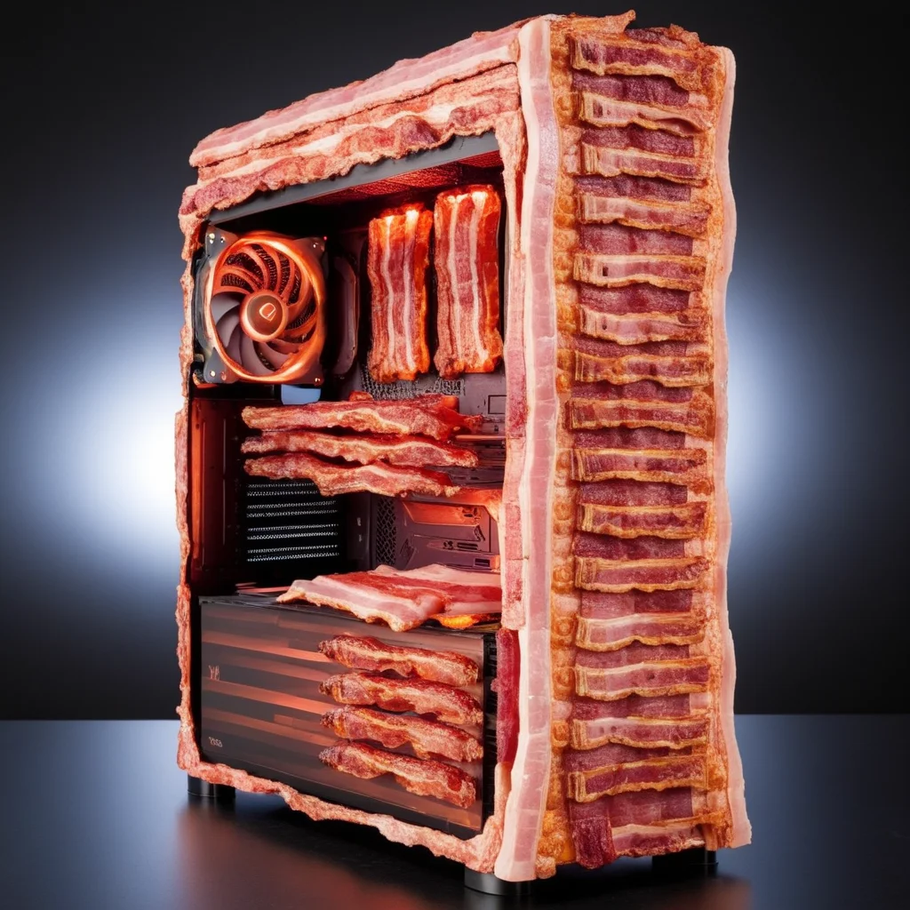 gaming pc made of bacon, <lora:MMM_Bacon-000006:0.8>