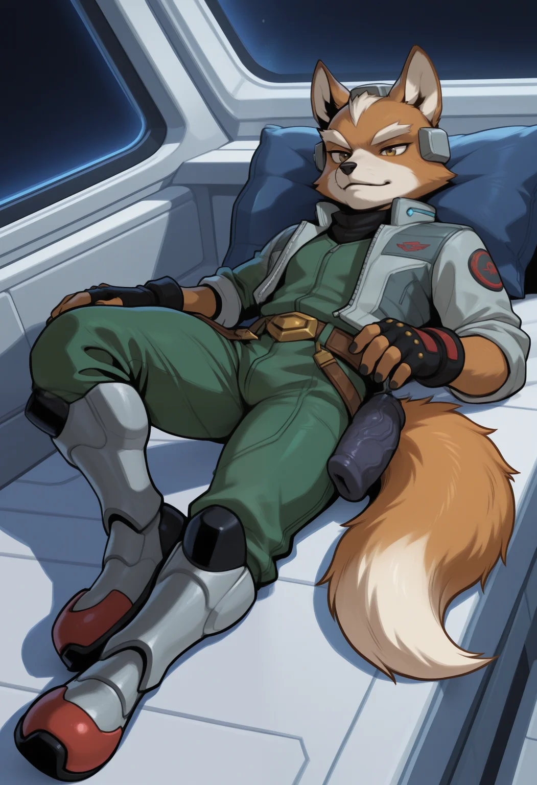 masterpiece,best quality, amazing quality, 1boy, solo, f0x, fox boy, black fingerless gloves, brown belt, green jumpsuit, green scouter, grey headgear, grey jacket, purple holster, silver armored boots, tail, on back, resting,
space, space ship, bedroom,