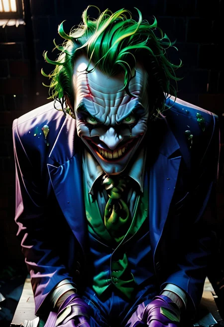 Score_9, score_8_up, score_7_up, rating_explicit, uncensored,
Break,
the joker, 1boy, solo, green hair, suit, smile, formal, necktie, gloves, green eyes, messy hair,
Break,
Joker outfit
Break,
(sitting:1.5),
Break,
(above view:1.5), (angry expression:1.3), (crazy eyes;1.3), (upper body focuse:1.7)
Break,
(Dark alleyway background:1.5),
Break,
(Painstakingly detailed:1.5), (8KHD), (professional artwork:1.4), (amazingly realistic:1.4)
Break,
(dark dramatic lighting:1.2), (night time:1.5), dramatic chiaroscuro lighting,
Break,
easynegative, ng_deepnegative_v1_75t, Expressiveh, verybadimagenegative_v1.3,