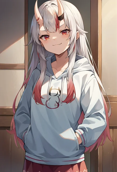 score_9, score_8_up, score_7_up, source_anime, 1girl, solo, NakiriAyame, oni horns, long hair, hoodie, hands in pockets, smug, fang, skirt, indoors, <lora:CHAR-NakiriAyamePonyXL:1>