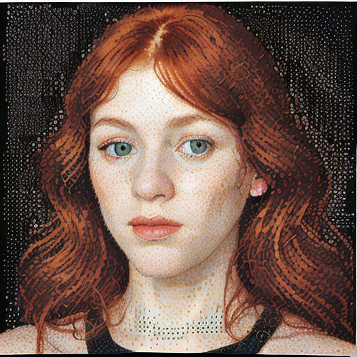 ctmpr34l artstyle, portrait of redhead woman, breasts, in the style of chuck close, pointillist optical illusions, intricate pointillism, early computer art, stenciled iconography, fine detailed