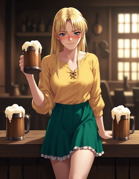 score_9,  score_8_up, score_7_up <lora:sharon-ponyxl-000011:1> wwsharon, green skirt, yellow shirt,
1girl, solo, beer mug, drunk, tavern