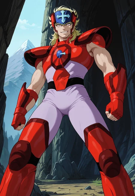 score_9, score_8_up, score_7_up, masterpiece, cruchripdxl eating an apple, 1boy, muscular, toned male, wavy hair, blonde hair, cross circlet, red breastplate, red pauldrons, red vambraces, red fingerless gloves, light violet undershirt, light violet pants, red thighhigh greaves, unibrow, dilated pupils, (highly detailed:1.2), (intricate:1.2), (best quality:1.2),(8k:1.2), (sharp:1.2), (majestic:1.2), natural lighting, detail++, full body, from below, looking at viewer, smirk, evil, mountain background, gloomy skies, apple, eating