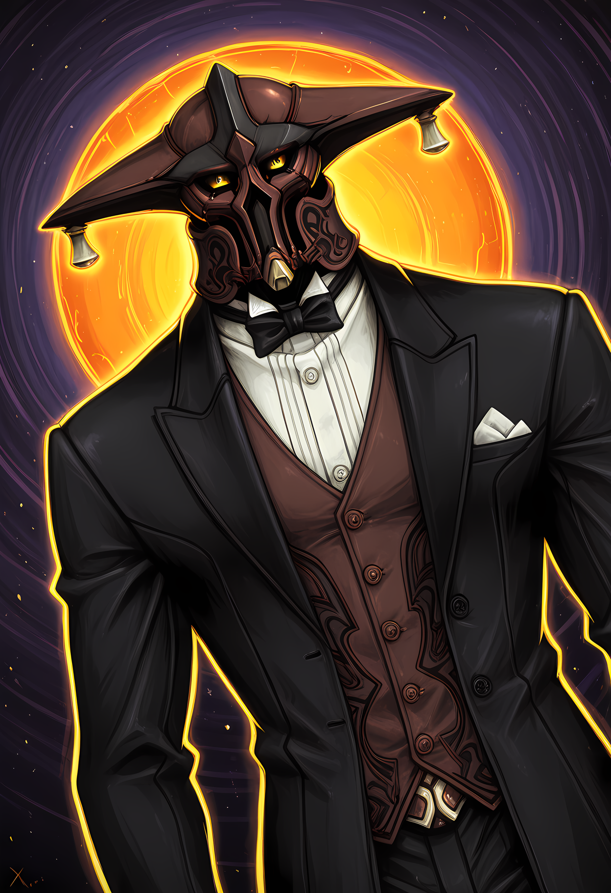 masterpiece, best quality, amazing quality, dutch angle, abstract background, BREAK
solo, male focus, 1boy, xen_grahf, mask, helmet, glowing yellow eyes, black tuxedo, formal, bow tie, BREAK
 <lora:cfg_scale_boost:.6> <lora:Grahf_-_Xenogears_-_ILXL:1>
