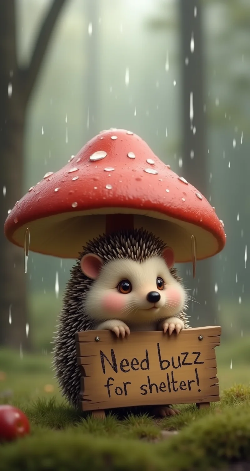 Create a charming scene featuring a cute, round hedgehog with tiny, shiny eyes and spiky fur, huddled underneath a large, red-capped mushroom in a forest. The hedgehog is sheltering from gentle rain, with raindrops bouncing off the mushroom cap. In front of the hedgehog is a small, hand-painted wooden sign that reads 'Need buzz for shelter' in playful, slightly messy writing. The background should include soft, blurry trees, wet grass, and the faint hint of mist for a cozy, whimsical atmosphere.