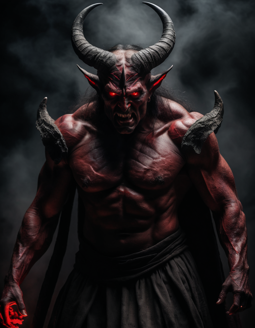 A (menacing Lord of Demons:1.3), upper torso in view, (glowing red eyes:1.2), (sinister smirk:1.1), shrouded in shadows, (horns curling skyward:1.2), textured (demonic skin:1.1), draped in tattered, (ancient robes:1.1), air of malevolence, deep, dark background, (aura of power:1.2), Nikon D850, 1/125s, f/4, ISO 1000, low-key lighting, high contrast, sharp focus on facial features, eerie atmosphere, professional grade, RAW capture,
