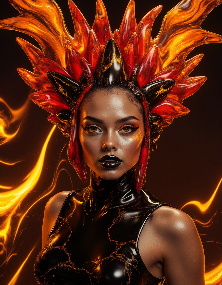 A dramatic closeup where the modelâs head is encircled by a fiery phoenix-like crown made of flowing liquid marble. The crown ripples with radiant hues of neon red, orange, and yellow, its glossy texture refracting light like molten lava. Trails of glowing marble cascade down her shoulders, blending into her glossy black outfit, which is adorned with glowing cracks that resemble embers. Her eyes burn with reflective gold makeup, and her lips are coated in a high-gloss black, making her appear as a deity born from fire and liquid art.
<lora:ral-lqdmrbls-flux_000004000:1>