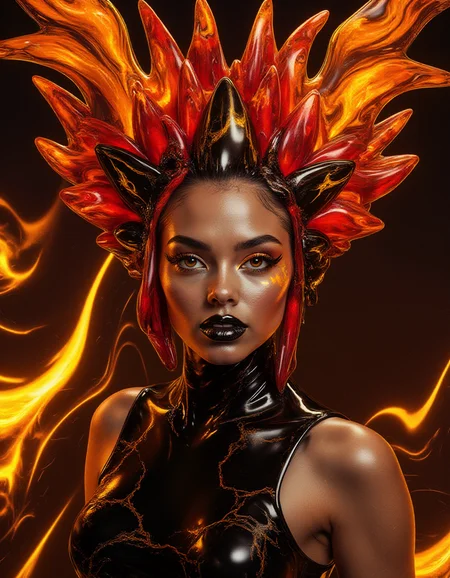 A dramatic closeup where the modelâs head is encircled by a fiery phoenix-like crown made of flowing liquid marble. The crown ripples with radiant hues of neon red, orange, and yellow, its glossy texture refracting light like molten lava. Trails of glowing marble cascade down her shoulders, blending into her glossy black outfit, which is adorned with glowing cracks that resemble embers. Her eyes burn with reflective gold makeup, and her lips are coated in a high-gloss black, making her appear as a deity born from fire and liquid art.
<lora:ral-lqdmrbls-flux_000004000:1>