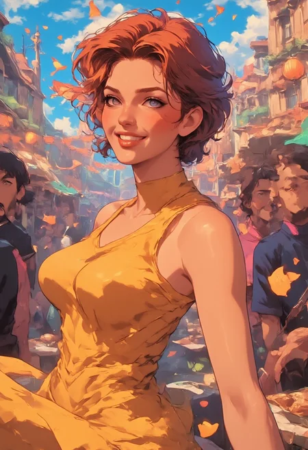 "Amidst a vibrant festival in a lively, colorful town square, a young woman dances with unbridled joy. Her bright, flowing dress swirls with every movement, reflecting the colors of the surrounding celebration. Her eyes sparkle with happiness, and her radiant smile lights up the scene. She tosses flower petals into the air, which catch the sunlight as they flutter down. Around her, musicians play upbeat tunes while children laugh and dance alongside her. Lanterns hang overhead, and the scent of sweet pastries fills the air. The entire atmosphere is alive with energy, reflecting the pure, uncontainable essence of joy."