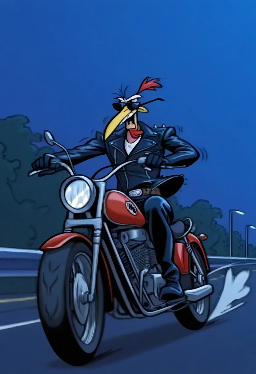 Masterpiece, best quality, highly detailed, absurdres, 1boy, solo, ch1ken, beak, leather jacket, sunglasses, riding a motorcycle, harley davidson, biker, night time, moonlight, traffic, motion lines, speeding, serious expression,