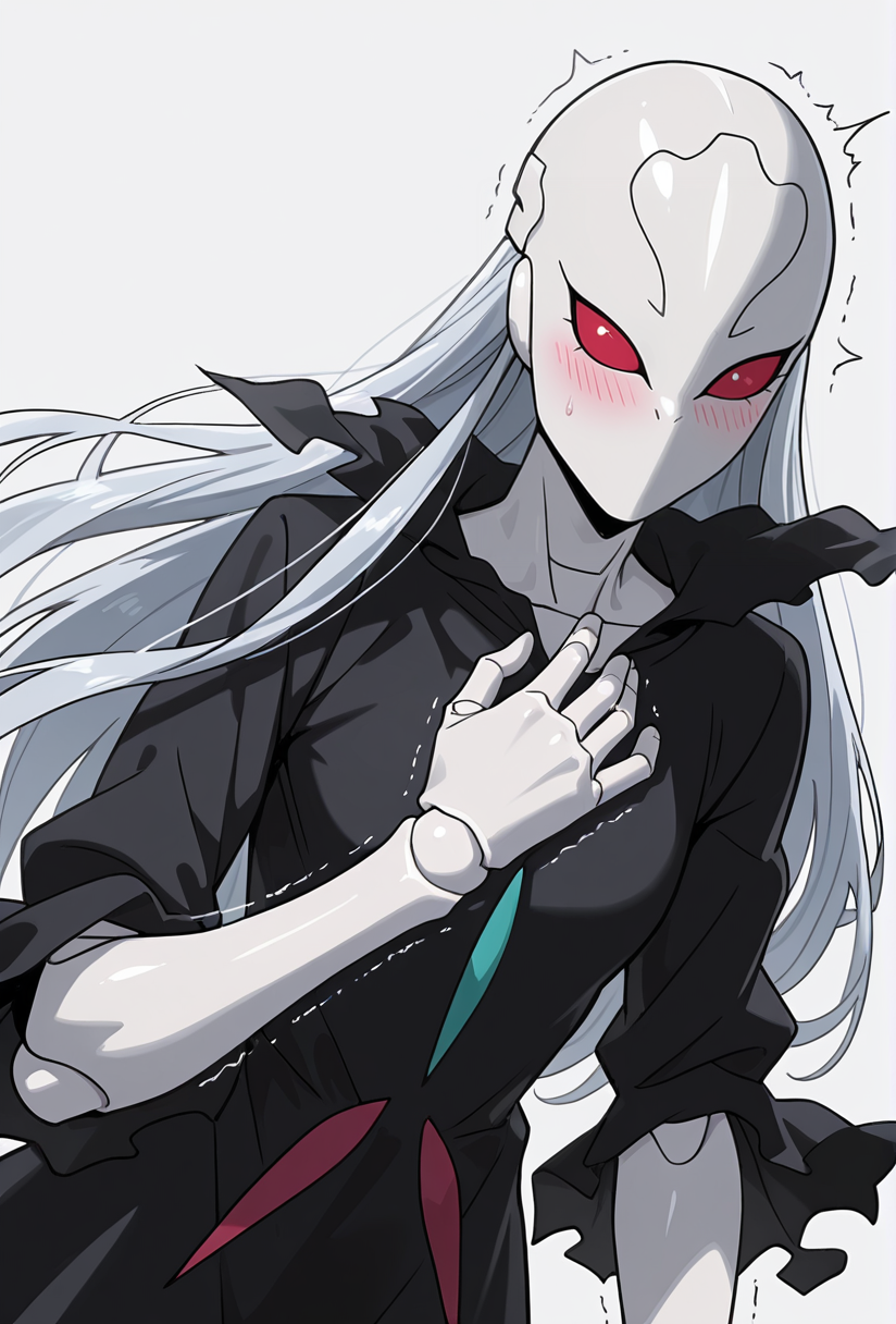 Smooth Quality,masterpiece,very intricate, high quality details, ultra realistic, high detailed skin,detailed enviorement,absurdres,
simple background, white background, 
dynamic angle,wide eyes, surprised blush, open mouth, trembling lips,,solo,
 <lora:Berettacnn:0.8>  beretacnn,1girl, long hair,red eyes, (mask:1.1), black dress,silver hair, doll joints, no humans, no mouth,