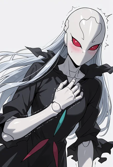 Smooth Quality,masterpiece,very intricate, high quality details, ultra realistic, high detailed skin,detailed enviorement,absurdres,
simple background, white background, 
dynamic angle,wide eyes, surprised blush, open mouth, trembling lips,,solo,
 <lora:Berettacnn:0.8>  beretacnn,1girl, long hair,red eyes, (mask:1.1), black dress,silver hair, doll joints, no humans, no mouth,