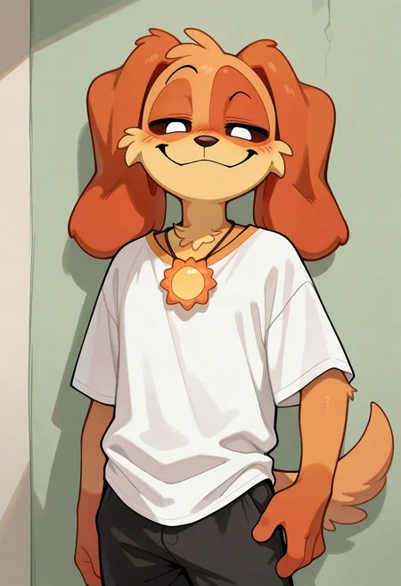 best quality, amazing quality, very aesthetic, absurdres, newest, dogday, poppy playtime, furry, sun necklace, black pants, tshirt, 1man, solo, looking at viewer, smug, <lora:DogDay_Poppy_Playtime_Illustrious:1>