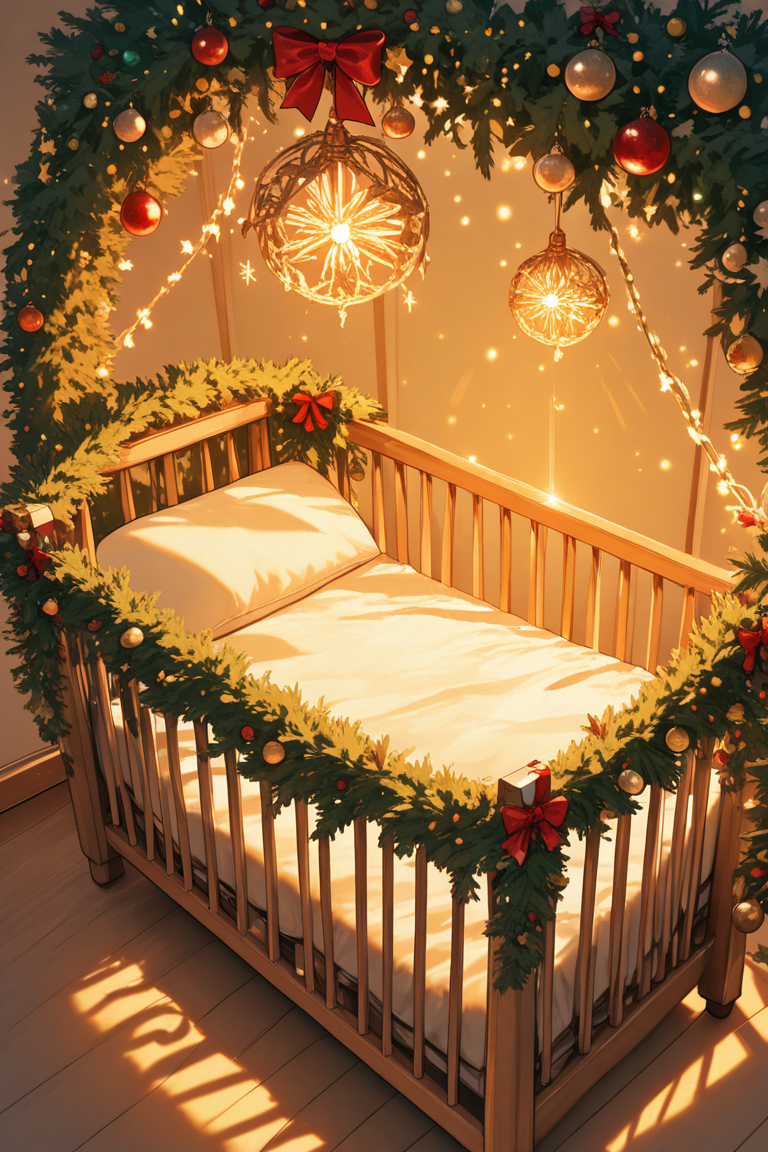realistic shading, natural lighting, dacrib, christmas-crib focus, dacrib_christmas ornaments, no humans, dutch angle, dynamic angle, intricately detailed illustration, masterpiece, best quality, amazing quality, very aesthetic, absurdres, newest