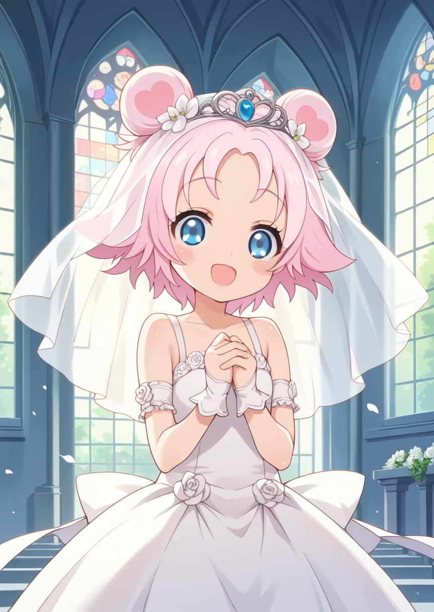 score_9, score_8_up, score_7_up, score_6_up, score_5_up, labra, blue eyes, pink hair, short hair, double bun, 1girl, solo, smile, open mouth, wedding dress, wedding veil, church,