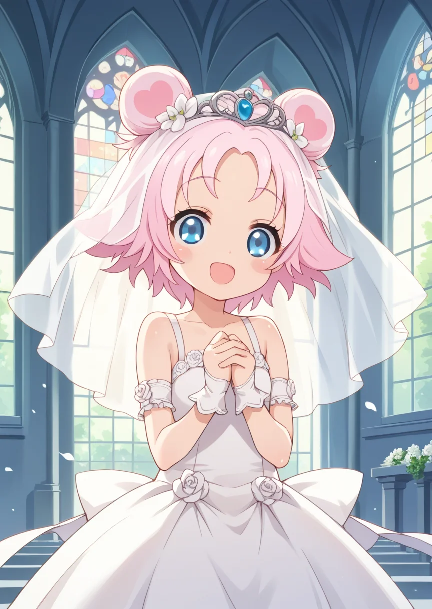 score_9, score_8_up, score_7_up, score_6_up, score_5_up, labra, blue eyes, pink hair, short hair, double bun, 1girl, solo, smile, open mouth, wedding dress, wedding veil, church,