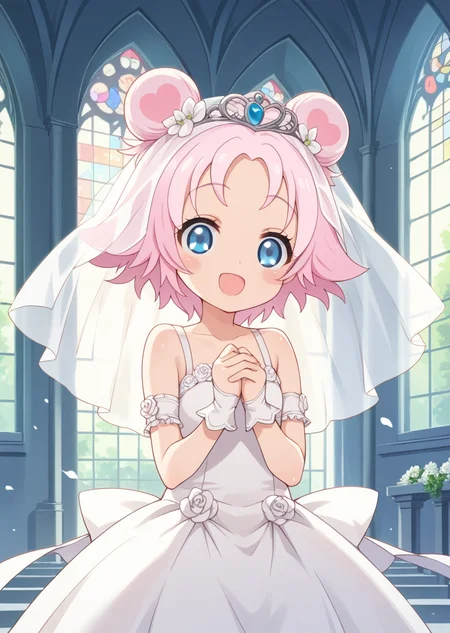 score_9, score_8_up, score_7_up, score_6_up, score_5_up, labra, blue eyes, pink hair, short hair, double bun, 1girl, solo, smile, open mouth, wedding dress, wedding veil, church,