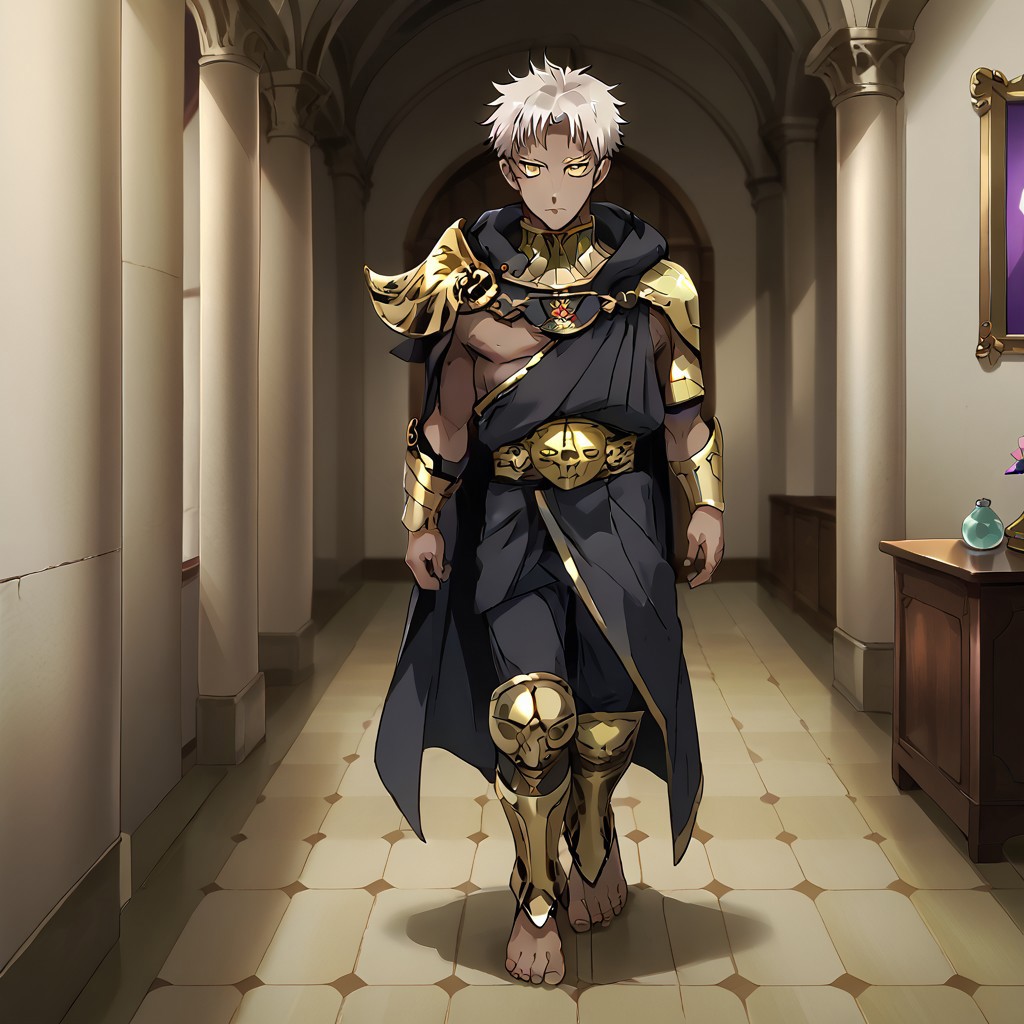source_anime, anime screenshot, anime colouring, highly detailed, intricately detailed illustration,  Palace background, indoors, solo, 1male, Dark skin, white hair, yellow eyes, male focus, black cloak, black pants, barefoot, 5 toes, leg armor, gold leg armor, shin armor, shoeless leg armor, itadori yuuji, itadori_facial mark, standing