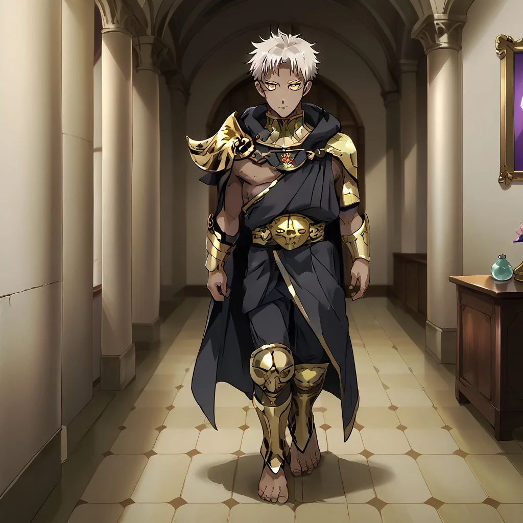 source_anime, anime screenshot, anime colouring, highly detailed, intricately detailed illustration, Palace background, indoors, solo, 1male, Dark skin, white hair, yellow eyes, male focus, black cloak, black pants, barefoot, 5 toes, leg armor, gold leg armor, shin armor, shoeless leg armor, itadori yuuji, itadori_facial mark, standing