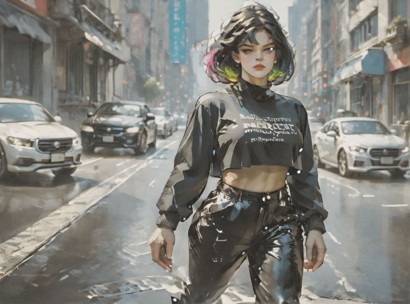score_9, score_8_up, score_7_up, character in profile, walking, looking at surroundings, woman, pale skin, large breasts, <lora:sm0k3XLP:1>, <lora:goth_clothes:1>, black crop top, black platform boots, neon hair color, two tone hair, <lora:wtgn:1>, <lora:Dark_Retro_Scifi_Aesthetic:1>,