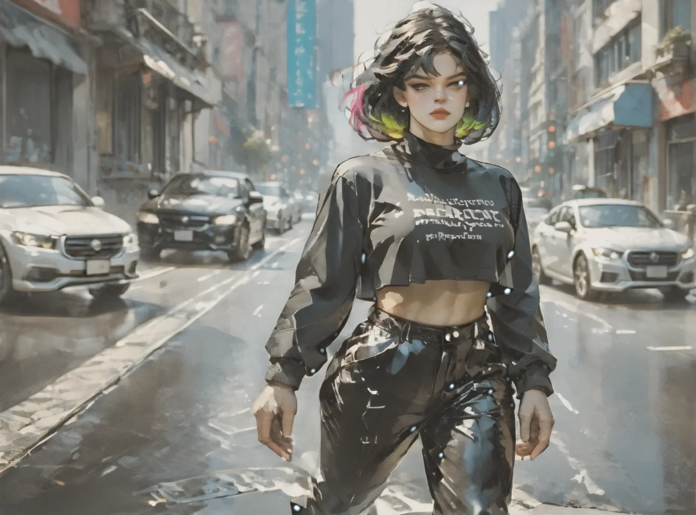 score_9, score_8_up, score_7_up, character in profile, walking, looking at surroundings, woman, pale skin, large breasts, <lora:sm0k3XLP:1>, <lora:goth_clothes:1>, black crop top, black platform boots, neon hair color, two tone hair, <lora:wtgn:1>, <lora:Dark_Retro_Scifi_Aesthetic:1>,