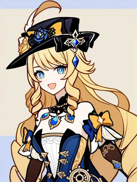 1girl,
navia \(genshin impact\),
solo, blue eyes, open mouth, gloves, upper body, jewelry, black gloves, black hat, looking at viewer, bare shoulders, :d, blonde hair, hat, long hair, detached sleeves, drill hair, smile, very long hair,
safe
<lora:mki-ani31-GenshinPV-v2-000012:1>