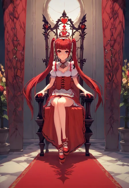 score_9, score_8_up, score_7_up, 1girl, A young woman, alice in wonderland style, ami_arakawa as the red queen, evil aesthetic, ami as the red queen, throne room,twintails,cute