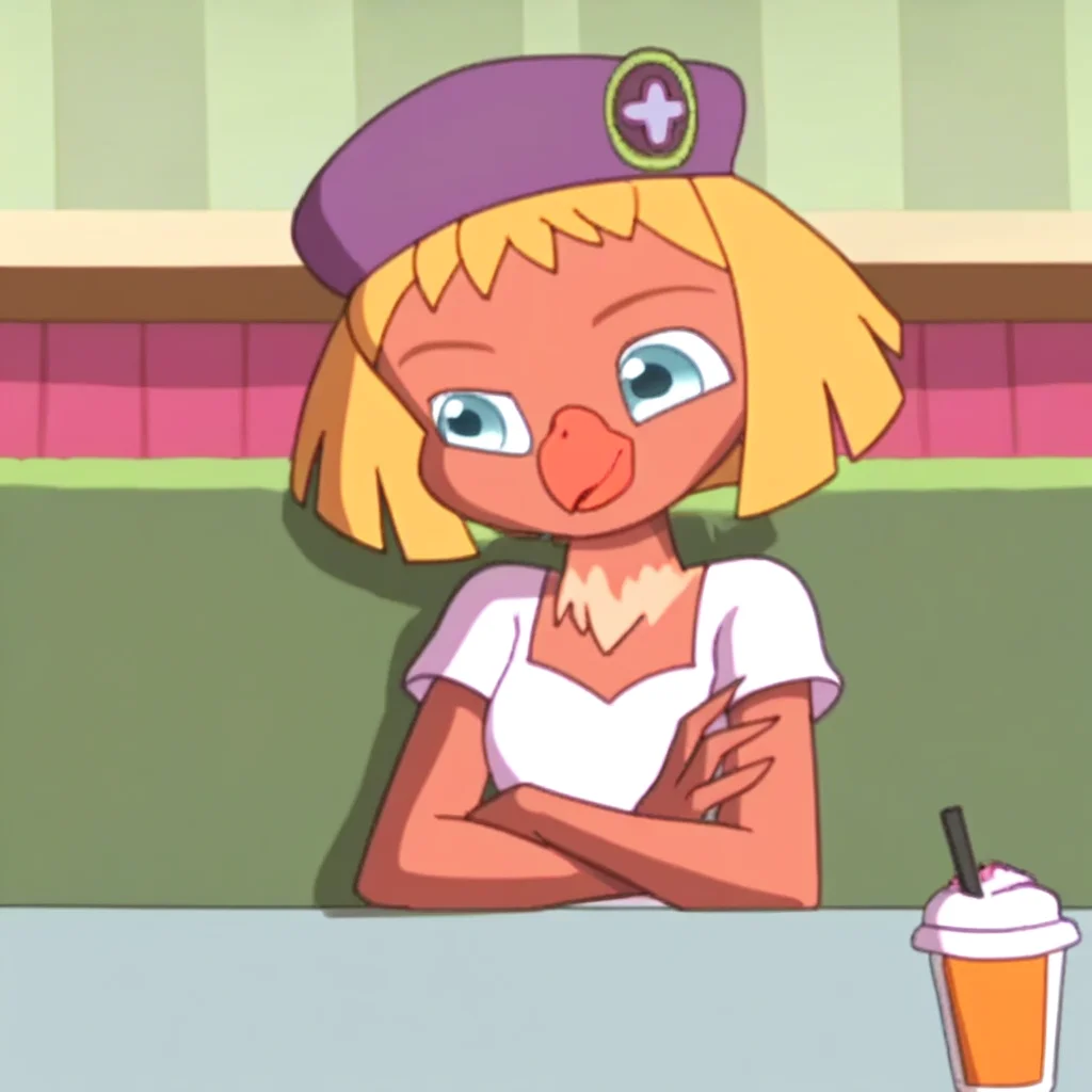 score_9, solo, cynthia_payne, bird girl, blonde hair, short hair, hat, beak, blue eyes, restaurant,