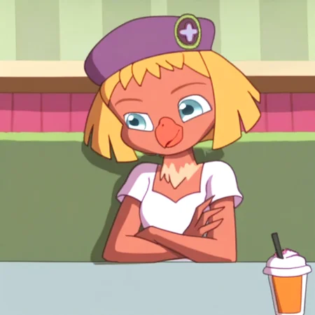 score_9, solo, cynthia_payne, bird girl, blonde hair, short hair, hat, beak, blue eyes, restaurant,