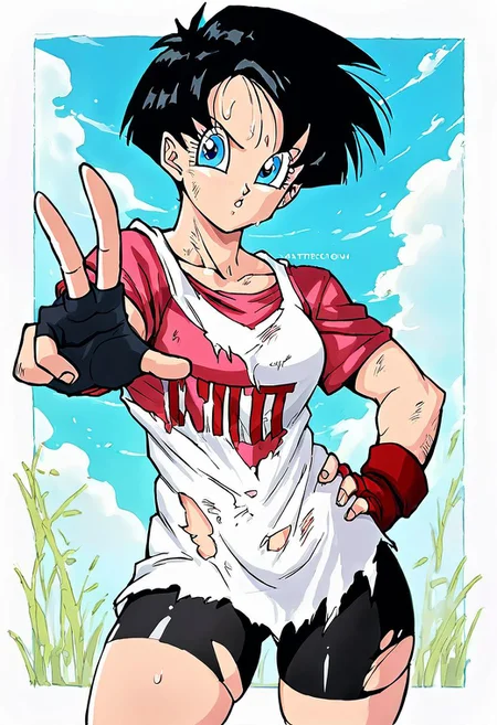 score_9_up, score_8_up, score_7_up, Score_6_up, Score_5_up, Score_4_up, source_anime, (masterpiece, perfectly detailed, detailed face, detailed eyes, beautiful eyes), (ultra HD quality details), 8K, extremely detailed, highres, Mevak_PS, videldbz, black hair, blue eyes, 1girl, bike shorts, black hair, blue eyes, border, fingerless gloves, gloves, hand on own hip, looking at viewer, outside border, outstretched arm, short hair, solo, standing, sweat, thigh gap, thighs, torn bike shorts, torn clothes, white border