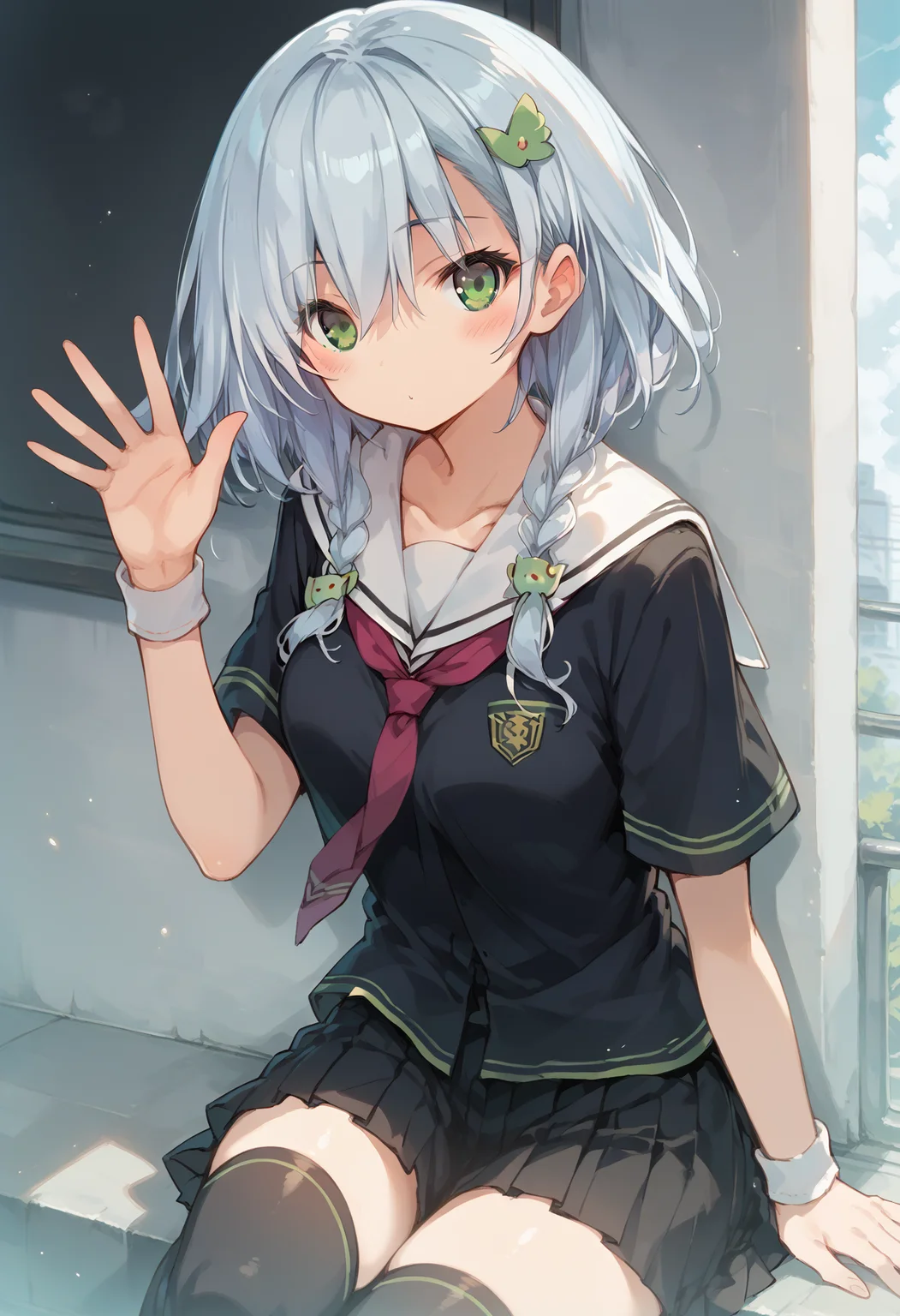 <lora:SDXL_Saki_Inui:0.85>, <lora:SDXL_HandFineTuning_XL:0.9>, <lora:SDXL_add-detail-xl:0.2>, score_9, score_8_up, score_7_up, highest quality, beautiful, 1girl, green eyes, white hair, school uniform, hair ornament, black thighhighs, looking at viewer, waving, blush