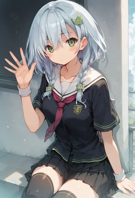 <lora:SDXL_Saki_Inui:0.85>, <lora:SDXL_HandFineTuning_XL:0.9>, <lora:SDXL_add-detail-xl:0.2>, score_9, score_8_up, score_7_up, highest quality, beautiful, 1girl, green eyes, white hair, school uniform, hair ornament, black thighhighs, looking at viewer, waving, blush