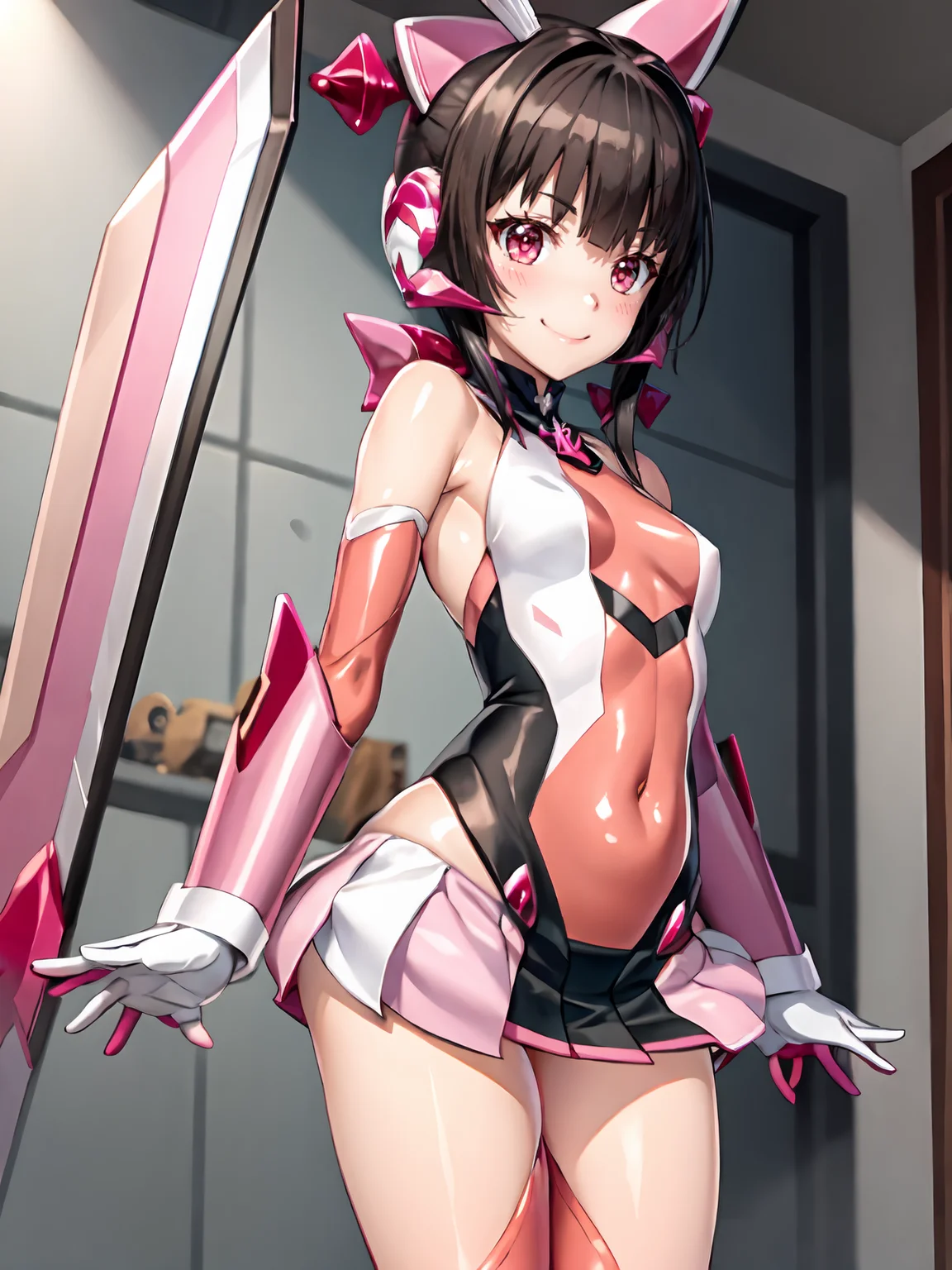 (extremely detailed CG), (best quality), 1girl, perfect face, shiny skin, lustrous skin, wide hips,narrow waist, <lora:ShirabeSympho-10:0.9>shirabesympho,pink footwear,pink leotard, pink gloves, headgear, pink skirt, detached sleeves,pleated skirt,pink thighhighs,bare shoulders,(twintails:1.3),elbow gloves, bangs, pink eyes, gloves, black hair, blint bangs, thighhigs,indoors, smile,long hair,armor,