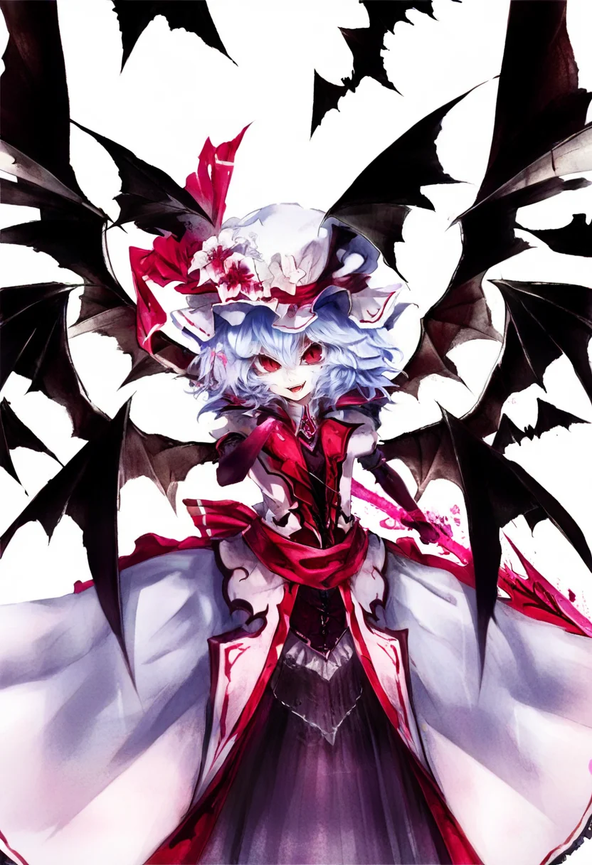 1girl, remilia scarlet, solo, bat wings, hat, wings, red eyes, bat \(animal\), blue hair, short hair, hat ribbon, gloves, dress, spear the gungnir, ribbon, white background, simple background, mob cap, alternate costume, flower, hat flower, smile, weapon, open mouth <lora:banpaiAkiraOSXL_NBVP1_lokr_V6311P:0.95>