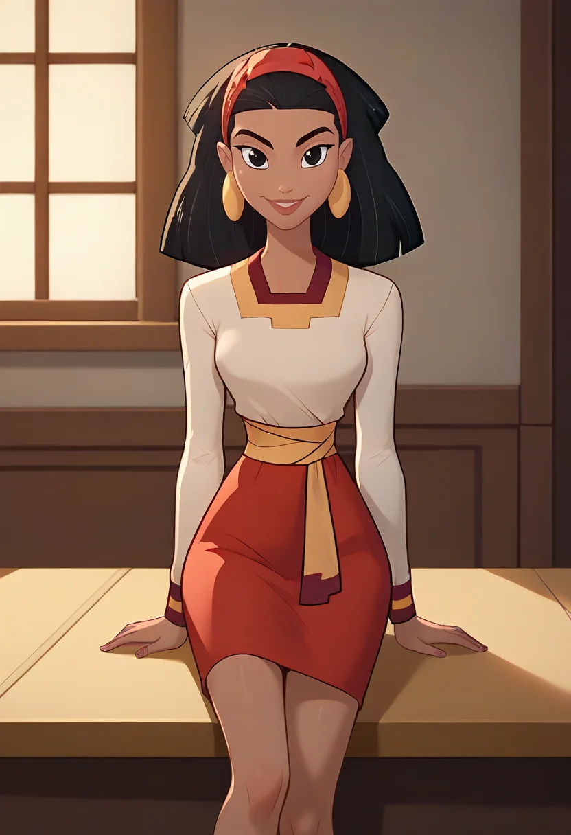 malina, 1girl, dark skin, black hair, sitting, earring, hairband,white shirt, red skirt,smile,long sleeves,looking at viewer, <lora:malina:0.9>
