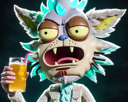 8k hilarious, ukj, rick and morty style fanart, drinking moonshine, huge mascot head, realistic fur texture <lora:squanch_sdxl_ukj_v110601:0.8>