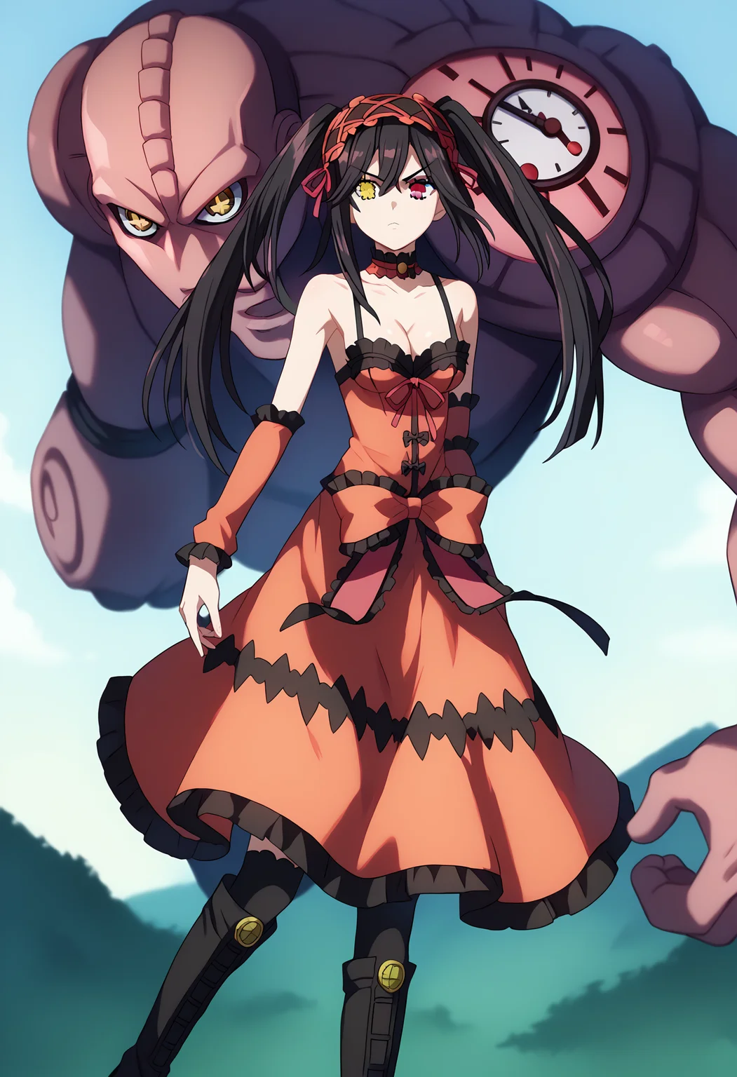 score_9, score_8_up, score_7_up, source_anime,
BREAK
<lora:shiKurumiV2:1> kurdef, long hair, black hair, twintails, red eyes, yellow eyes, clock eyes, heterochromia, hairband, bare shoulders, detached sleeves, choker, red dress, cleavage, bow, black thighhighs, lace-up boots,
looking at viewer,
BREAK
<lora:shiJojoStandV2:1.1>, shijojostand, stand \(jojo\), 1other,
makeup, multiple boys, muscular male,