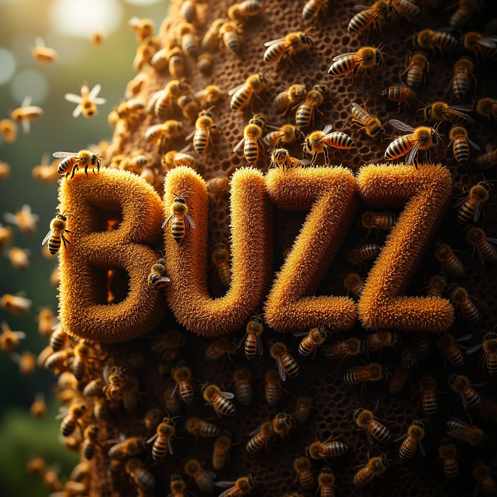 A huge and thick swarm of (bee's forming the word "BUZZ")) in the air over a beehive, high resolution, highly detailed, photorealistic, cinematic/ detailed digital hyper realistic intricate details, HDR, beautifully shot, hyper realistic, sharp focus, 64 megapixels, perfect composition, high contrast, cinematic, atmospheric, moody