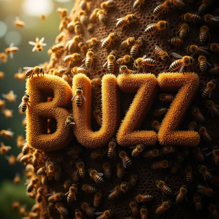 A huge and thick swarm of (bee's forming the word "BUZZ")) in the air over a beehive, high resolution, highly detailed, photorealistic, cinematic/ detailed digital hyper realistic intricate details, HDR, beautifully shot, hyper realistic, sharp focus, 64 megapixels, perfect composition, high contrast, cinematic, atmospheric, moody