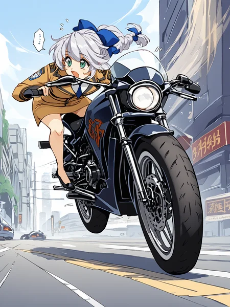 score_9, score_8_up, score_7_up, score_6_up, source_anime, BREAK
1girl, <lora:FMP_Teletha_Testarossa_Pony_v1:0.9>, (ultra-detailed:1.5), long sleeves, white shirt, grey hair, hair bow, bare legs, thighs, black footwear, pumps, (high heels:1.1), miniskirt, pencil skirt, military uniform, single braid, blue bow, hair over shoulder, brown jacket, brown skirt, (riding motorcycle, large motorcycle:1.5), (hands on handlebars, holding handlebars:1.5), (speed lines, motion blur, high speed chase, tokyo city, highway:1.5), serious, (leaning forward:1.3), (busy highway, cars:1.5), looking up, yelling, from below, sweating, (flying sweat drops, surprise, screaming:1.5)