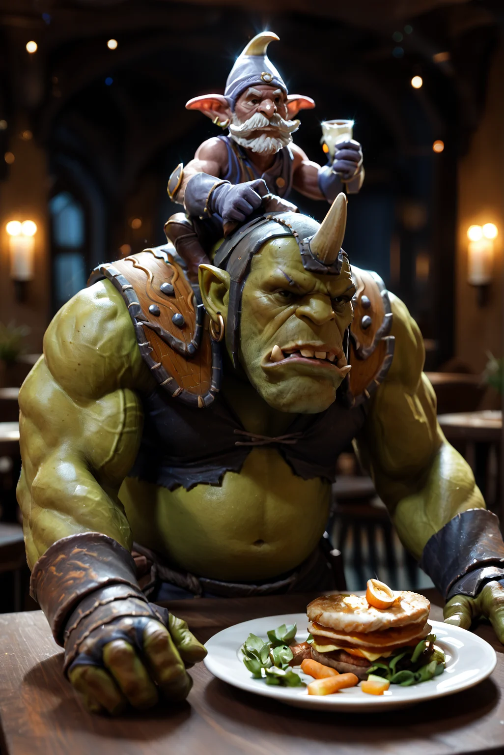 <lora:alhimist_v1:0.75>, alhimist_v1,
2boys,multiple boys,
goblin, orc, pokemon \(creature\),
black eyes,
facial hair,mustache, beard,
single horn,
colored skin, green skin,
pointy ears, teeth,
earrings, nose piercing,
brown footwear, armor, gloves, hat, helmet, pants, torn clothes,, score_9, score_8_up, score_7_up, solo,
blur censor, blurry, blurry background, blurry foreground, bokeh, motion blur,
chromatic aberration, depth of field, figure, focused, focus
restaurant, dinner table, s1_dram, dramatic lighting, candlelight,