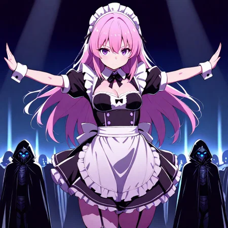 CivChan, standing in a robot graveyard, black cloak, fantasy setting, detailed, high contrast, vibrant colors, dramatic lighting, dynamic pose, masterpiece, best quality, amazing quality, purple eyes, pink hair, black maid costume, short skirt, short sleeves, cleavage, sexy grim reaper,