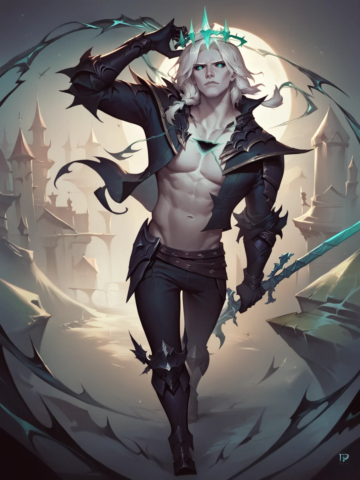 score_9, score_8_up, score_7_up, BREAK, Viego, 1man, solo, white hair, emerald halo crown, black wound in chest, high collar, short black jacket, black armored gauntlets, black pants, black armored boots, Zweihander in hand, one hand in hair, rolled eyes, night fantasy cemetery background, Concept Art <lora:ViegoNormal:1>  <lora:Concept Art Twilight Style SDXL_LoRA_Pony Diffusion V6 XL:1>