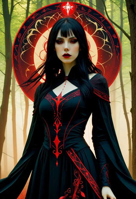 Silhouette Art, magnificent. female dark mage, long black hair, bangs, dark eyeshadow, red lips, porcelain pale skin, imbued with a dark malevolent beauty, sexy black mage gown featuring arcane symbols embroidered in its fabric, closeup portrait, abstract red-tinged background suggesting a forest glade
BREAK
cinematic angle, unique perspective, dramatic lighting
BREAK
Release me in the fray
Your fever driven craze
Release me, devastatе
Let Hircine guide your way into thе bloodlust