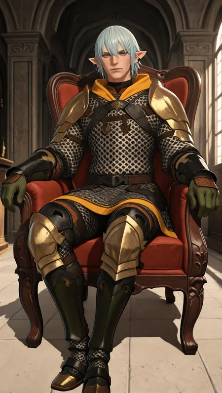 masterpiece,best quality,absurdres,newest,perfect quality,best quality,absolutely eye-catching,detailed background,male focus,solo,realistic,<lora:FFXIV - Haurchefant Greystone - Illustrious-000006:0.7>,hgreystone,1boy,adult male,elezen,pointy ears,silver blue hair,short hair,blue eyes,ear cuffs,chainmail armor,gauntlets,leg armor,armored thigh boots,indoors,manor,sitting,chair,