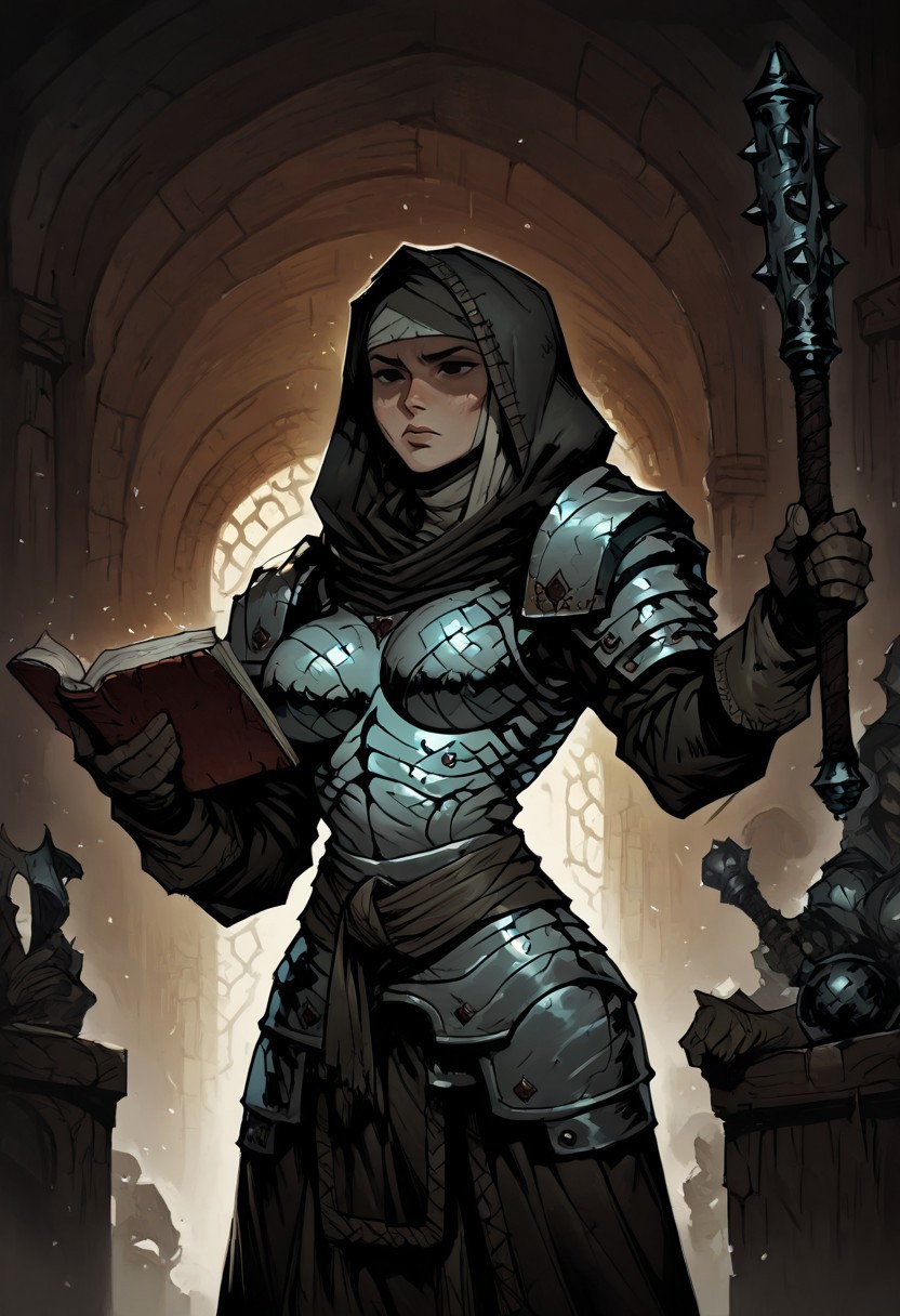 masterpiece, best quality, newest, absurdres, highres, anime, anime style, 1girl,  DDVESTL-V1.0, 1girl, armor, hood, shoulder pads, breastplate, shoulder armor, pauldrons, book, weapon, mace, holding, holding book, holding mace, holding weapon, black eyes, shaded eyes,